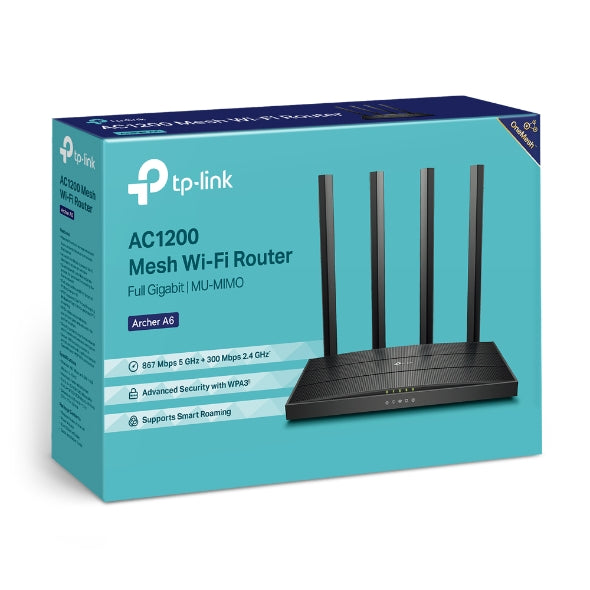 TP-Link Archer A6 AC1200 Wireless MU-MIMO Gigabit Router (OneMesh) Dual-Band Wi-Fi – 867 Mbps at 5 GHz and 300 Mbps at 2.4 GHz band TP-Link Archer A6 AC1200 Wireless MU-MIMO Gigabit Router (OneMesh) Dual-Band Wi-Fi – 867 Mbps at 5 GHz and 300 Mbps at 2.4 GHz band